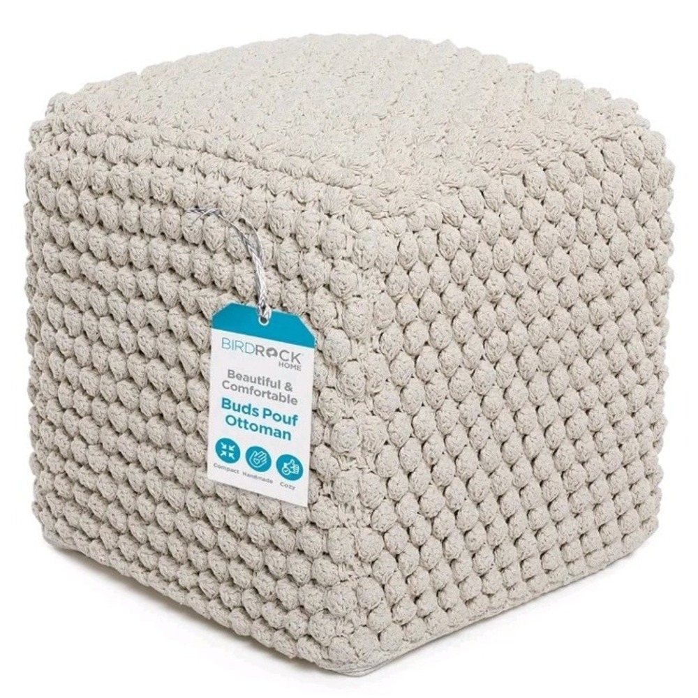 Square Pouf Ottoman | Cotton Braided Foot Stool with Bean Bag Filling | Boho Foo